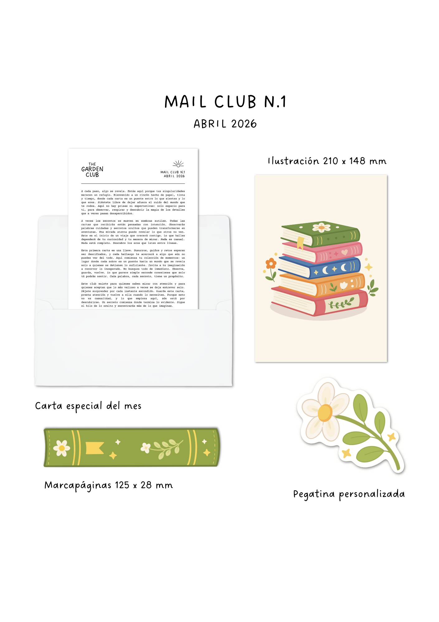 Detalle de los artículos de la primera edición de Abril Mail Club de The Garden Club con tamaños y nombres